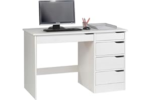 ‎IDIMEX IDIMEX Schreibtisch Hugo aus massiver Kiefer in weiß, schöner Schülerschreibtisch mit 5 Schubladen, praktischer Bürotisch mit Querstrebe für Stabilität