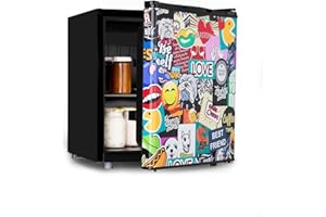 ‎KLARSTEIN Klarstein Cool Vibe - Kühlschrank, Volumen: 48 Liter, VividArt Concept: Tür mit StickerBomb-Comic-Design Print, Eisfach, Geräuschentwicklung: 42 dB, schwarz