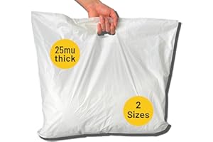PWGOODS White Patch Handle Plastic Carrier Bags 22 x 18 x 3" | 100 pack | Heavy Duty | Boutique Fashion Party Gift | White Plastic Carrier bags Party Bags Shopping Bags Plastic Bags with Handles