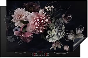 KitchenYeah© Herdabdeckplatte Einteilig Herdabdeckung Abdeckplatte für Ceranfeld Abdeckung Induktionskochfeld Aufrollbare Matte Blumen - Pink - Vintage - Pastell - Rosa - Schwarz - 80x52 cm