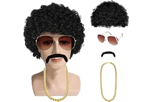 WVWMYM Afro Perücke Herren Damen, FaschingsDeko, Vokuhila Perücke Herren, Faschingskostüme Herren Cosplay Perücke, 70er 80er Jahre Outfit für Männer Damen Sonnenbrille Halskette Bart (Schwarz)
