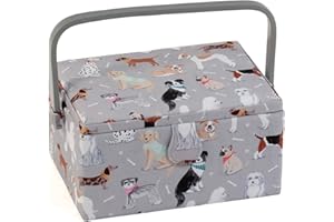 Hobby Gift Esclusiva scatola da cucito media, scatola portaoggetti artigianale, vassoio per accessori, puntaspilli, manico in PVC, 18,5 x 25,5 x 14,5 cm, cani grigi