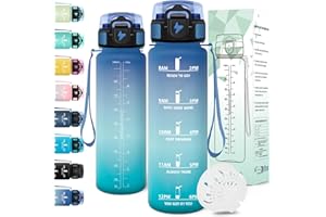 Motswedi Gourde 1l, Anti-Fuite, Gourde Sport, avec Marqueur de Temps, Bouteille d'eau, Réutilisable, Bouteille, Sans BPA, pour Sport, Yoga, Fitness, Randonnée, Bleu Vert