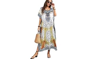 L-Peach Damska odzież wypoczynkowa z nadrukiem etnicznym Kaftan odzież rekreacyjna sukienka nocna sukienka plażowa oversize, A biały., jeden rozmiar