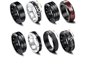 Uwiyo 8Pcs Mens Rings, Stainless Steel Spinner Rings for Men Anti Anxiety Ring Fidget Rings Black Silver Rings Set Anniversary Wedding Promise Bands, 8mm Wide