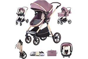 Shineey 3 in 1 Pram Pushchair Aluminium Frame High Landscape Combined Buggy Lightweight Folding Stroller 3 in 1 Travel System Pram for Newborns Toddlers 0-36 Months from Birth (D2-Purple, H2-D)