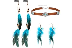 MWOOT Clips de Pelo Pluma, India Extensiones de Cabello Azul, Collar de Gargantilla de Cuero Marrón, Pendientes de Plumas, Joyas Bohemios para Mujer Hippie Tribal Fiesta de Disfraces