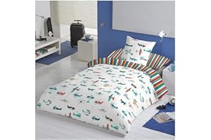 COTTON ARTean Funda Nordica Infantil/Juvenil Reversible AVIONCITOS. Cama de 90 (160 Ancho x 220 cm. Largo).