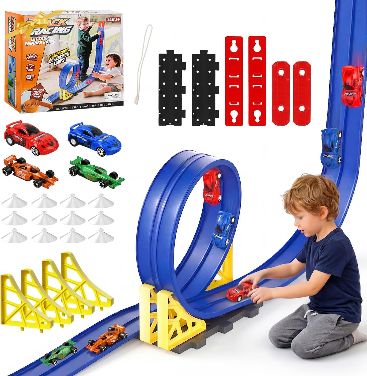 Ecofocet 5 m Pista de Coches Flexible,Pista de Coches para niños,Circuito de Carreras para niños,Flexible y Enrollable,Incluye 4 Coches,Pista de Carreras con looping,Niños 3+ años