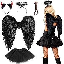 VEYLIN Engelsflügel Schwarz 60cm Mit Heiligenschein - Echte Federn Für Kostümparty & Cosplay