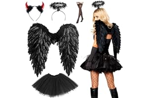 Schwarzer Engelsflügel mit Heiligenschein, 5 Stück Schwarzer Engel Kostüm Damen mit Tutu-Rock, Teufelsohren und Strümpfe für Halloween Karneval Cosplay Party Fasching Kostümparty Verkleidung
