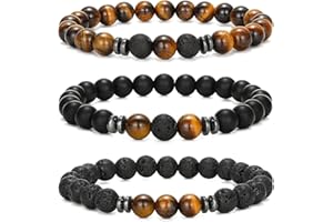 QINCLING 3pcs Heilende Chakra Perlenarmband Schutz Obsidian Bracelet Schwarzer Stein Armband Lavastein Armband Onyx Natursteinperlen Tigerauge Stein Kugelarmband 8mm für Glück Wohlstand Herren Freunde Damen