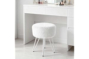 Warmiehomy White Dressing Table Stool, Comfy Tufted Plush Fabric Footstool Ottoman with Metal Legs, Round Soft Padded Cushion Makeup Vanity Stool Chair for Dressing Table, Bedroom, Living Room