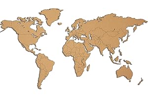 GIALLOBUS - MAPPA DEL MONDO - DECORAZIONE DA PARETE IN LEGNO MDF AVANA - QUADRI MODERNI SOGGIORNO - 190X105 CM