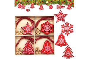 ANYEHOUR Adornos Navideños para Arbol Madera, 20 Piezas Decoracion Arbol Navidad Madera, Adornos Colgante de Madera Navidad, Ornamentos de Navidad Madera, Colgantes de Madera para Navidad Rojo y Blanco