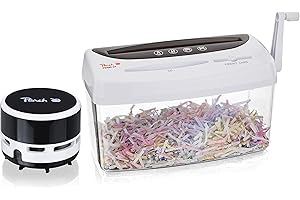 Destructora de papel DSGVO Peach PS300-21A y miniaspiradora de mesa PA105, 1 hoja, 4 l, P-4, CD y tarjetas de crédito, corte manual en cruz, corriente independiente.