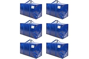 RICHIE Heavy Duty Extra Large Moving Bags with Reinforced Handle and Double Zipper - Waterproof Storage Box with Tag Window - for Christmas Decorations, Moving & Travel, 90L (Blue, 6 Packs)
