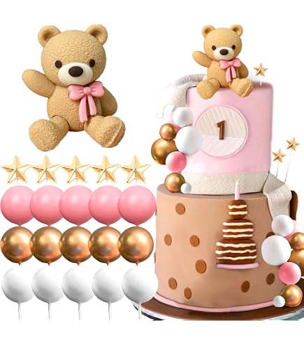 HAVAGDTM 33-teilige Bären-Kuchendekoration – Mit Bärenfigur, Sternen, Wolken, Kugeln (rosa/weiß/gold)