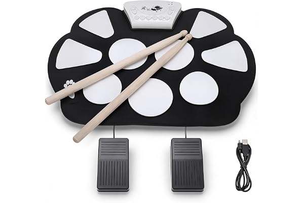 Kit de Batterie Enroulable, Ensembles de Batterie Électrique pour Adultes, Kit de Batterie Enroulable Pad Batterie Électrique Portable à 9 Pads avec Bâtons, Pédale et Câble USB pour Enfants
