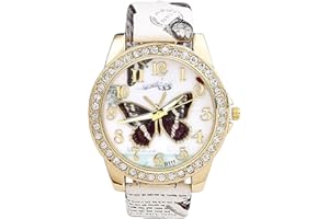 JSDDE Damen Armbanduhr Schmetterling Muster mit Strass Analog Quarz Armbanduhr Elegant Damenuhr PU-Lederband Uhr
