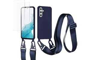 vrupin kompatibel mit Samsung Galaxy A54 5G Handykette Hülle,[2 Stück Schutzfolie 9H Härte Gehärtete Folie].Necklace Hülle Nylon Schultergurt Weich Flüssiges Silikon-Navy blau