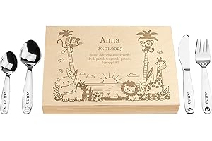 LAUBLUST Couverts pour Enfants gravés avec boîte Cadeau personnalisée en Bois - Motif Jungle - Naturel - 4 pièces - Couverts de Table en Acier Inoxydable - Cadeau personnalisé