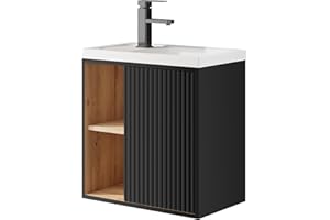 ‎UEV UEV Waschtisch mit Unterschrank hängend 50,5cm,Gäste-WC Waschtisch kleine, Waschbecken mit Wasserhahn, Waschtischunterschrank, Waschplatz ausreichend Stauraum,Badmöbel Set für Badezimmer schwarz