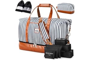 Lekespring Reisetasche Weekender Damen mit Schuhfach/ 50L Groß Doppellagige Reisetasche Handgepäck mit 6 Teilige Kleidertaschen, 1 Kulturtasche und 2 Schuhsäcken (Blau Gestreift)