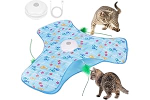 AUYAO Juguete Interactivo para Gatos, Juguete de Eléctrico Recargable para Gatos, Activación Táctil con Sonidos del Ratón, Pluma Móvil, Chirping, Tres Modos, Azul