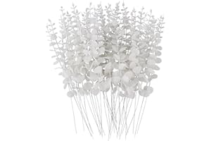 FEQO 36 Pcs Eucalyptus Stems Artificial Eucalyptus Leaves 15 Inch Faux Eucalyptuses Branches for Wedding Bouquet Home Decor, White
