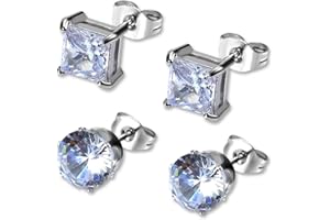 2 Pairs Mens Earrings Studs, Mabor Small Plated Tiny Earrings Set - CZ Stud Earring in Square, Round & Teardrop Shape - Anti-sensitive for Women & Men (Silver Color)