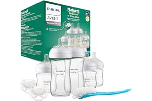 Philips Zestaw Avent Natural z Responsywnym smoczkiem: 3 szkl. butelki na mleko dla niemowląt 120ml i 2 szkl. butelki 240ml, 2 smoczki 0–6 mies., szczotka do butelek, bez bisfenolu A (model SCD879/11)
