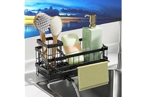 VILCEN Soporte Esponja Fregadero, Soporte Estropajo Fregadero de Cocina, Organizador de Fregadero con Bandeja de Goteo Extraíble y Drenaje para Encimera, Accesorios Organizador de Lavado, Negro