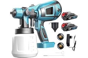 WAKKAPEINT Akku Farbspritzpistole mit 2 Akkus,Elektro Lackierpistole, 1000 ML Farbbehälter, 3 Düsen und 3 Muster, für Haus innen und außen, Schränke, Haus, Zaun, Decke