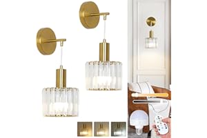 Stepeak Battery Operated Wall Lights Set of 2, Wireless Wall Lights Battery Operated with USB Bulb & Remote, Glass Rechargeable Wall Light Indoor, Gold Rechargeable Wall Sconces for Bedroom, Bathroom