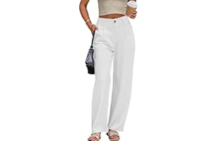 Fakanhui Pantalon habillé en lin pour femme - Pantalon de travail décontracté d'été - Jambe large - Pantalon droit en coton et lin
