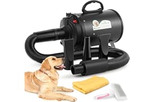 Mxmoonant Compact Dog Dryer 2400W, Speed&Temp Adjustable, High Velocity Pet Grooming Blower with 4 Nozzles, Slicker Brush and Pet Towel, Both for Home & Pet Salon