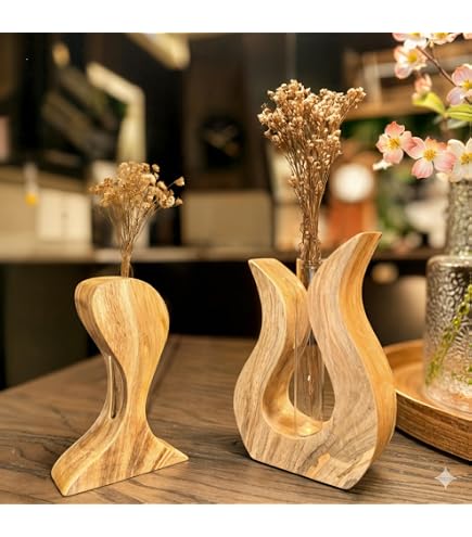 Moderne Glasvase Mit Holzsockel – Handgeblasen, Höhe 24 Cm – Schmale Rechteckige Vase Für Home-Office Deko