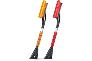 EcoNour 27" Aluminum Car Snow Scraper and Brush (Orange) | Weaved Bristle Head with Metal Body Ice Scraper for Car Windshield | Tough Ice Scraper with Ergonomic Foam Grip Winter Accessory | 2 Pack