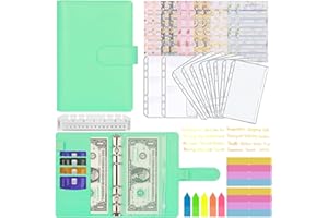 A6 Binder Budget, MARICATO 29-Stück Budget Planner, 6 Löcher Loseblatt Notizbuch Geld Organizer mit Budgetblättern/Binder kartentaschen/Aufklebern/Bunte Indexetiketten/Lineal, für Arbeit-SeeGrün