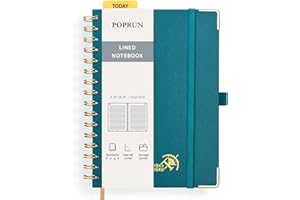 POPRUN Carnet de Notes Ligné A5 Spirale, Cahier Couverture rigide, Bullet Journal avec 141 Pages Numérotées, Papier 120 g/m², Étiquettes Autocollantes et 8 Feuilles Détachables, Pacifique vert-PG