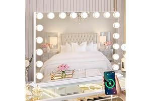 FENCHILIN Miroir Maquillage avec 18 Ampoules LED Miroir Coiffeuse Lumineux avec Port USB Grand mirroir maquilleur Lumineux avec 3 Modes déclairage Miroir Hollywood Coiffeuse Blanc 80x60 cm