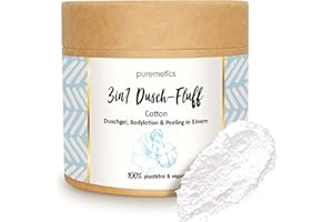 ‎PUREMETICS puremetics 3in1 Dusch-Fluff Cotton mit Zuckerpeeling, 250g Duschgel, Peeling und Lotion in Einem, vegan und plastikfrei