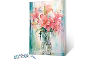 Tucocoo Kit de pintura por números de lirio rosa con pinceles y pigmento acrílico sobre lienzo, pintura para adultos, florero floral floreciente para decoración de pared del hogar, regalos, 16 x 20