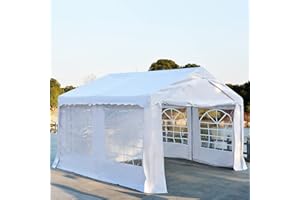 Outsunny Carpa para Fiesta Cochera Gazebo 4x4m Pergola Cenador Pabellón 4 Paneles Laterales 6 Ventanas Anti-UV Impermeable para Eventos Bodas Acero PE Blanco