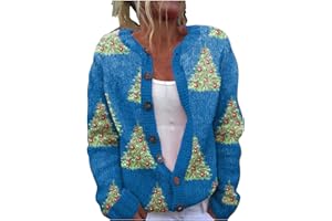 GENERIC Christmas Cardigan Sweaters for Women Vintage Funny Xmas Printed Knit Coat Cute Button Long Sleeve Fall Winter Jackets Christmas Women's V-Neck Cardigans Casual Knitted Sweater Printed Cardigan