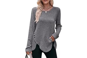 Jabeiyou Haut Femme Col Rond Automne Hiver Chic et Elegant Chaud Brossé Manche Longue Pull Casual Long Chemise Bouton Décoratif Irrégulier Couleurs Unies Tee Shirt Basique Top Taille S-XXL