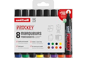uni-ball Uni Prockey Uni Mitsubishi Pencil - Marqueur Permanent Inodore PM122 - Multisupport, Base Eau, Sans Odeur - Pointe Conique Moyenne 1,2-1,8 mm - Emballage Zéro Plastique, Lot de 8 Couleurs