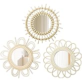 Oairse Set of 3 Rustic Round Wall Mirrors - Handwoven Boho Mirror Decor for Wall Hanging, Small Wooden Rattan Mirrors Set for