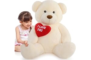 MorisMos 130cm Oso Peluche Gigante con I Love You, XXL Beige Osito de Peluche Grande, Kawaii Teddy Bear Regalos para Niñas Niños Novia Cumpleaños Aniversario Navidad Año Nuevo